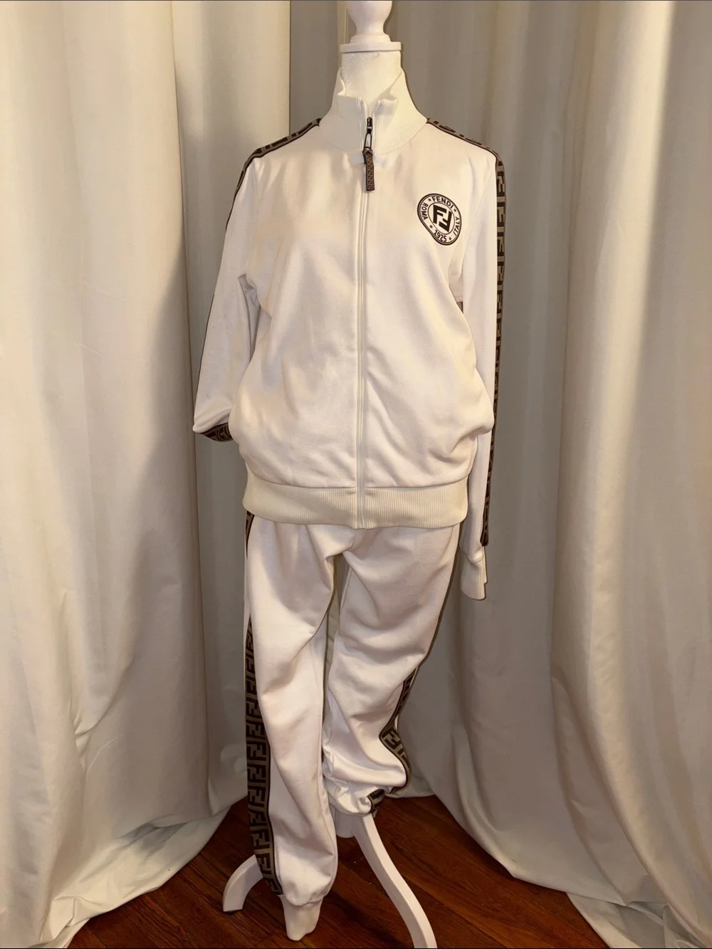 Fendi White Track Joggers with Brown Logo Tape